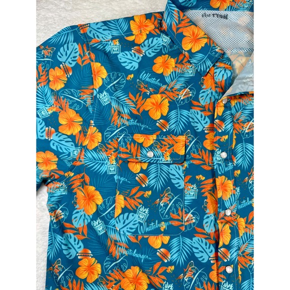 Whataburger Mens Floral Tropical Pearl Snap Shirt Blue size Large Short Sleeve - Picture 2 of 16